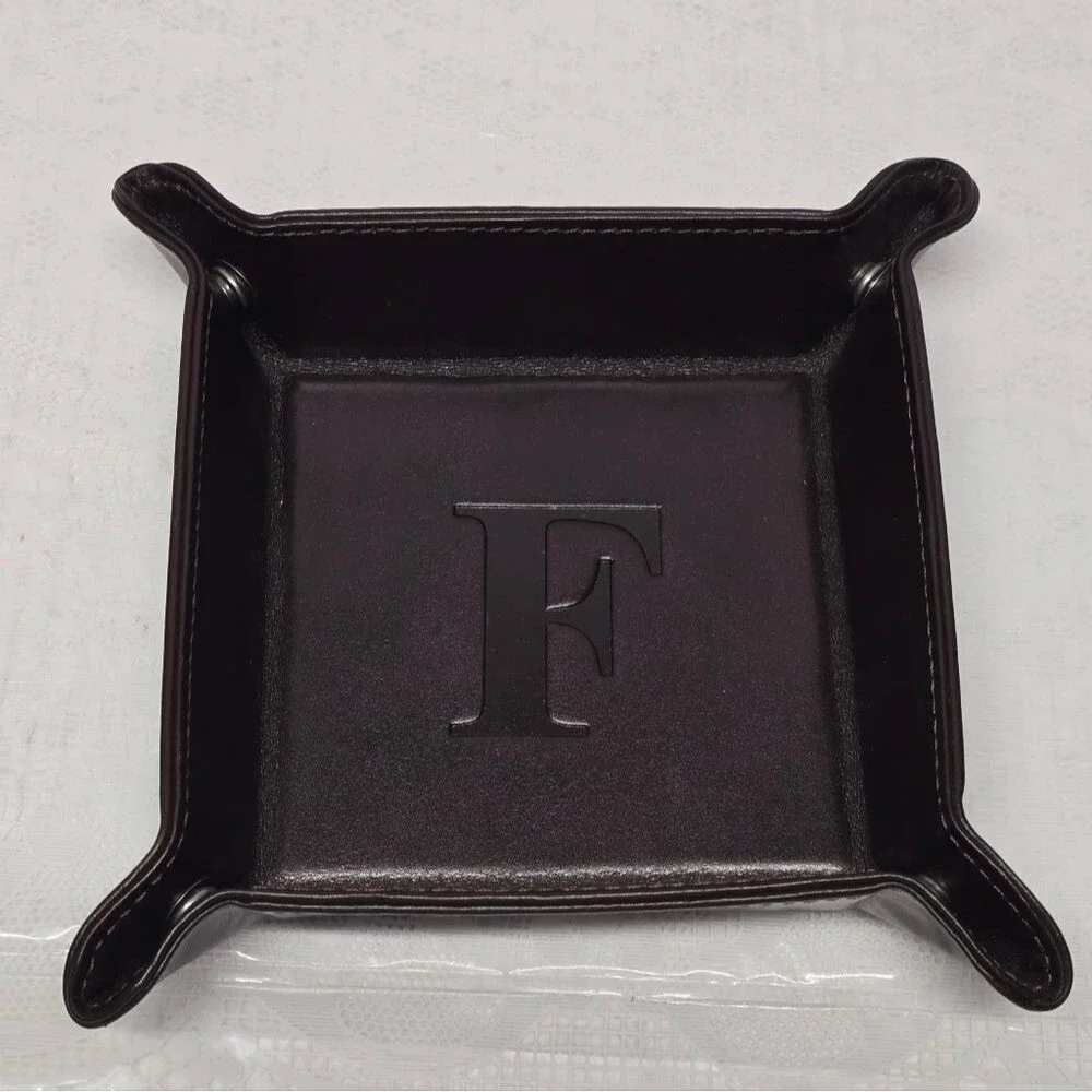 Genuine Brown Leather Valet Tray Trinket Dish Personalized With Letter 